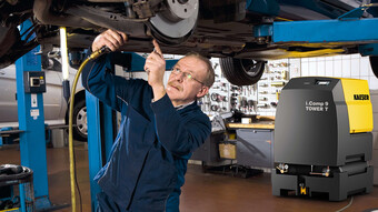 The i.Comp 9 reciprocating compressor station with integrated refrigeration dryer is perfect for vehicle workshop applications.